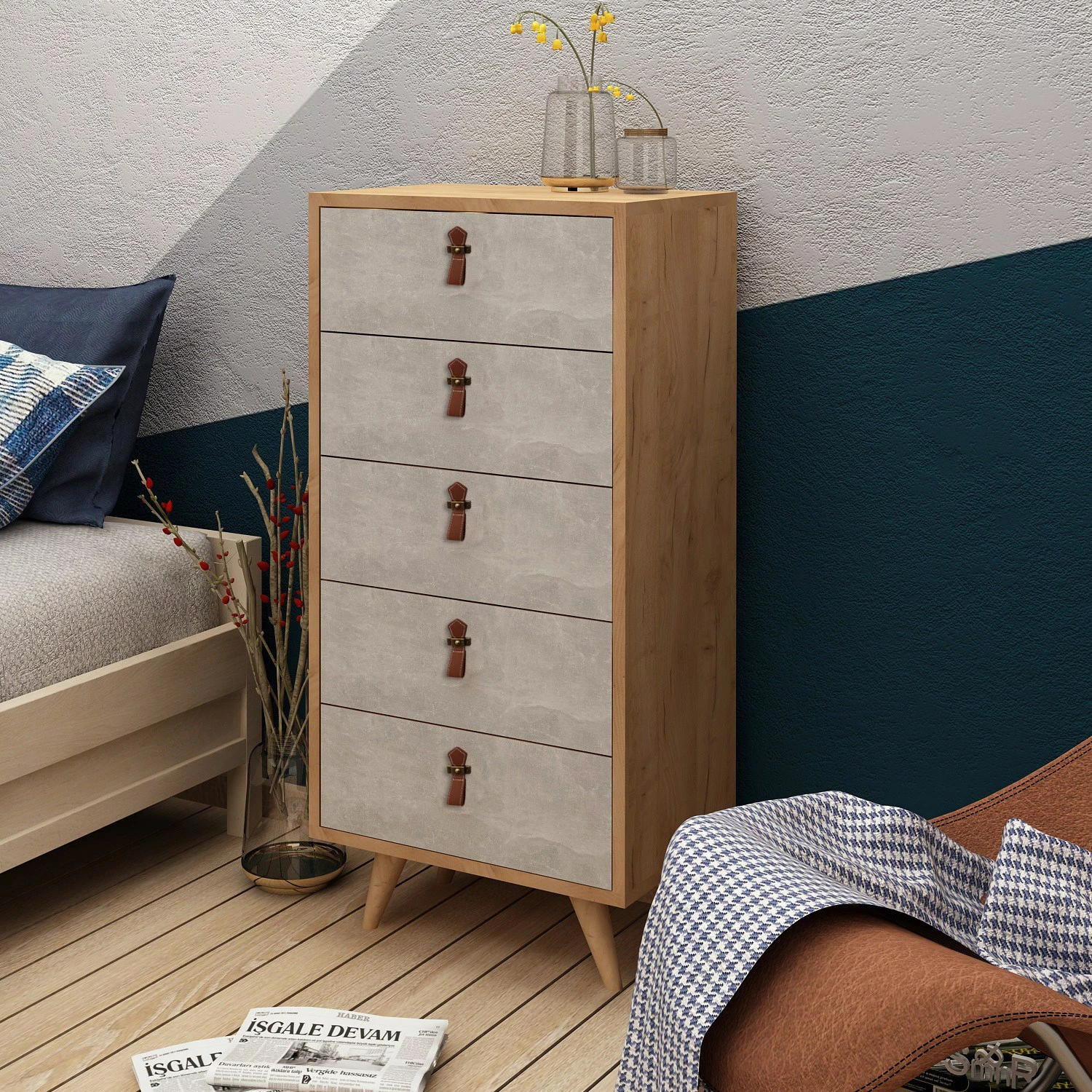 Komodë Skye Decor, ngjyrë lis dhe e bardhë, 5 sirtarë