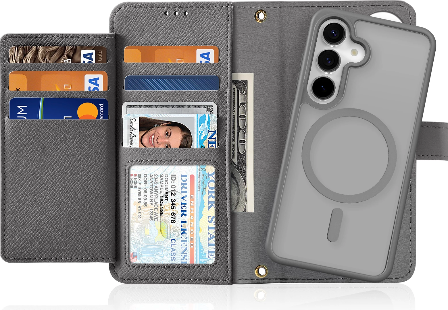 Mbështjellës Dux Ducis Lawa për Samsung Galaxy S25+, lëkurë, me portofol magnetik të ndashëm, Gri