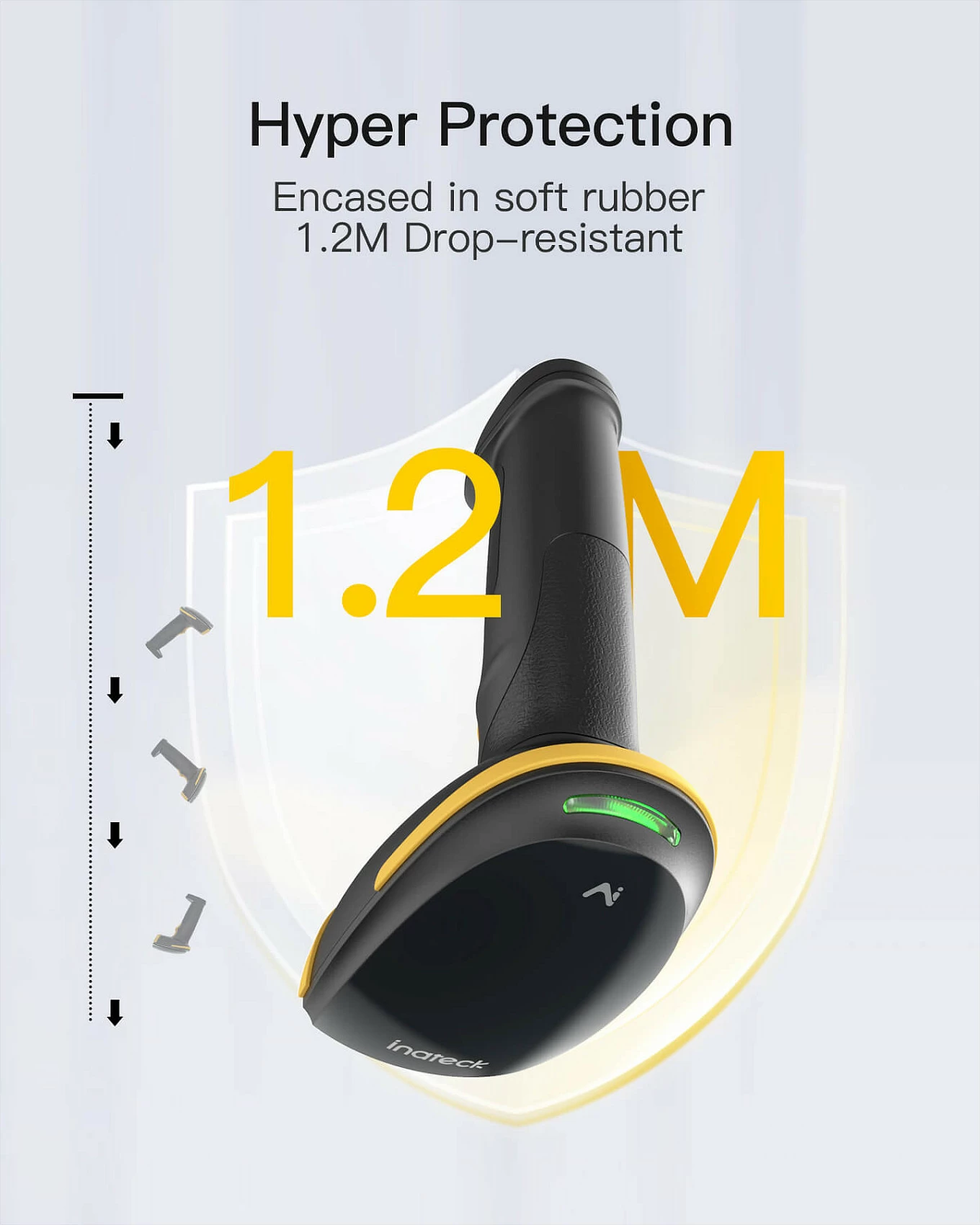 Skaner barkodi Inateck BCST-36, 2D, Bluetooth/USB, me bazë karikimi, Zi/Verdhë