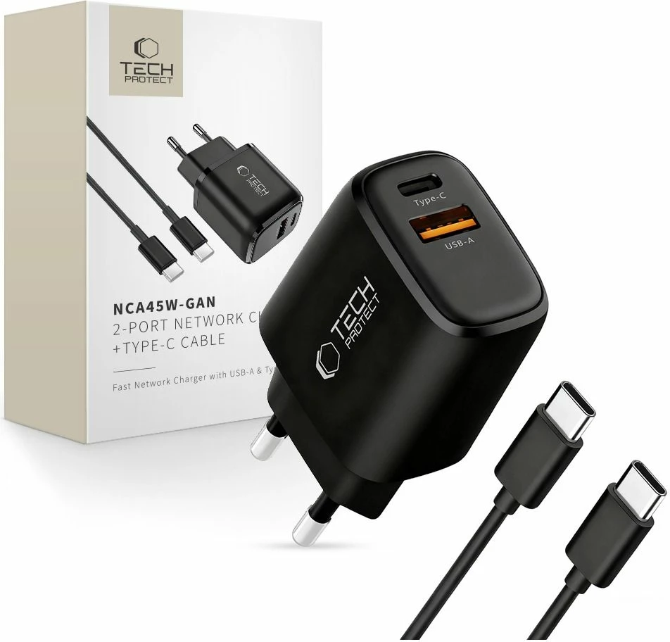 Karikues muri Tech-Protect NCA45W-GAN 45W 2-port (USB-C PD 3.0 + USB-A QC 3.0) me kabllo USB-C në USB-C 1m, i zi, set