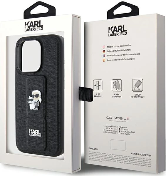 Mbështjellës Karl Lagerfeld Gripstand Saffiano Karl&Choupette Pins për iPhone 15 Pro, e zezë