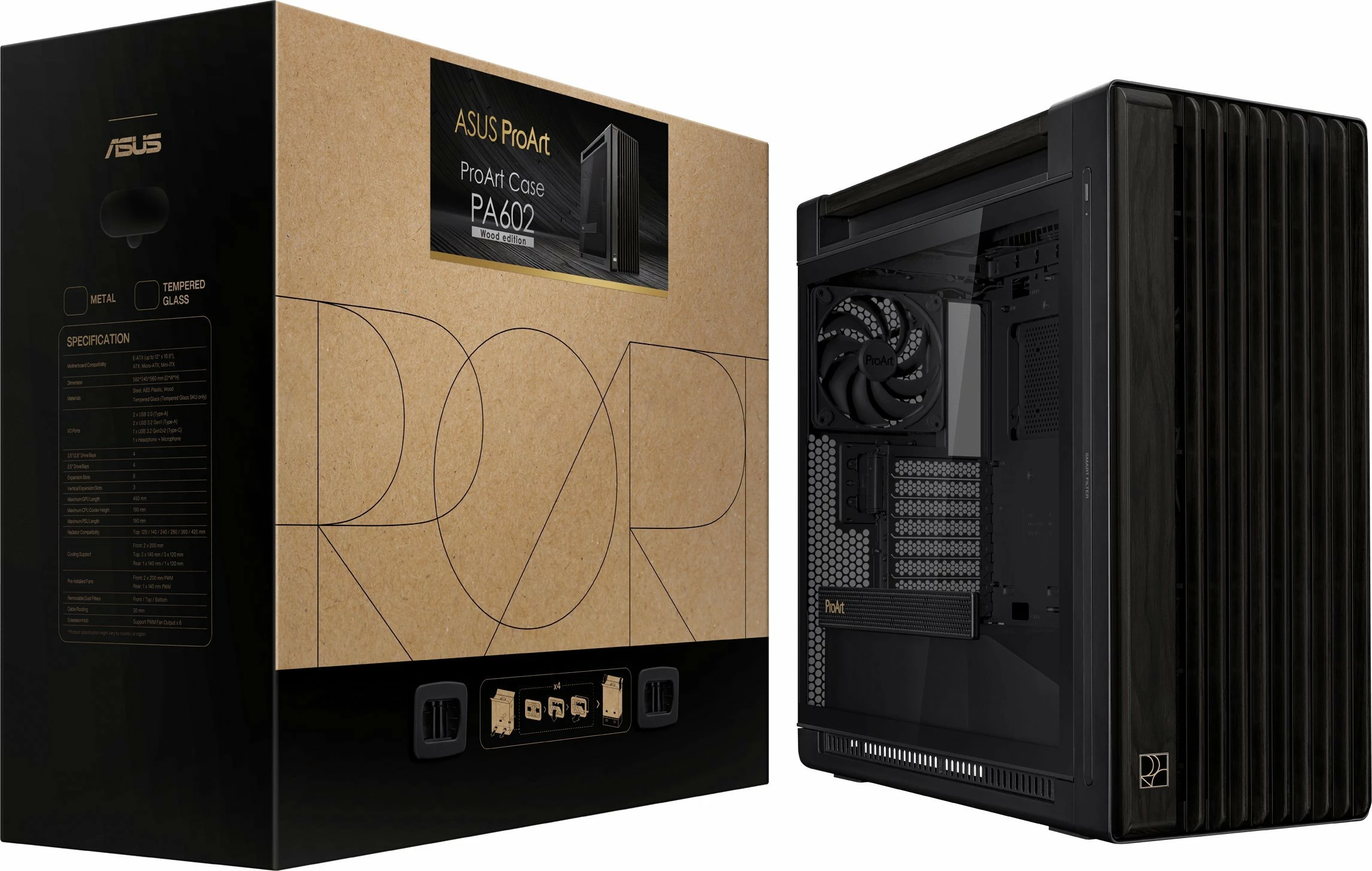 Kasë Asus ProArt PA602 (90DC00J0-B09010) Midi Tower e-ATX/ATX, 420mm radiator, USB-C, pa PSU, e zezë
