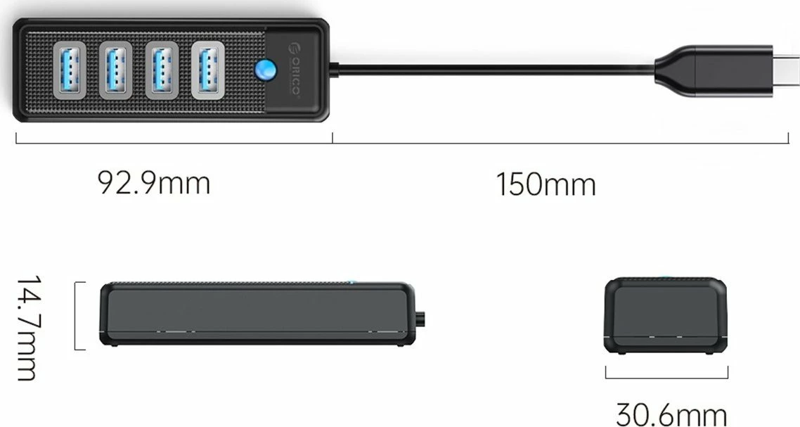 Hub USB-C Orico PWC2U-C3-015-BK-EP 3 porte (2x USB 3.0 + 1x USB-C) 5 Gbps i zi