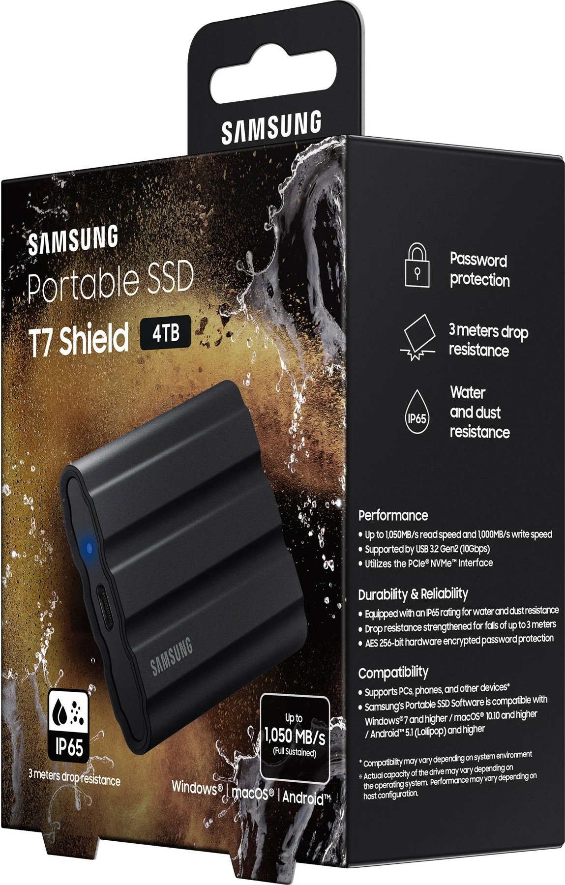 SSD portabël Samsung MU-PE4T0S, 4 TB, USB Type-C, 3.2 Gen 2, 1050 MB/s, Mbrojtje me fjalëkalim, E zezë