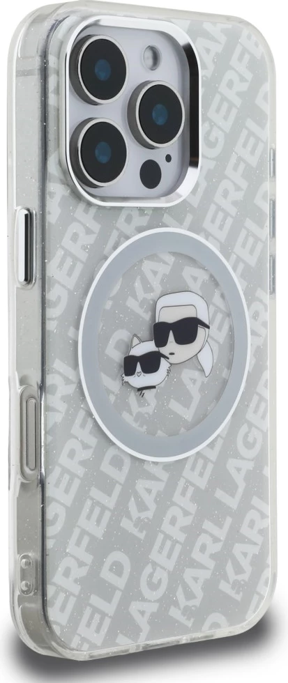 Mbështjellës Karl Lagerfeld IML Glitter Karl & Choupette Heads Logo MagSafe për iPhone 16 Pro Max, TPU/PC, gri
