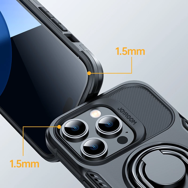 Mbështjellës Joyroom Dual Hinge për iPhone 14 Pro, me mbajtëse dhe unazë, i zi