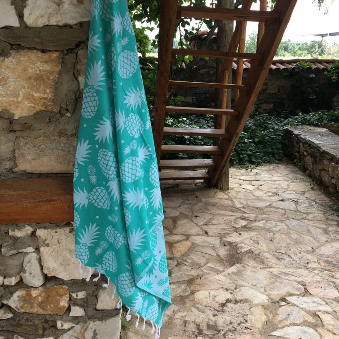 Peshqir plazhi Fouta, model ananasi, ngjyrë e gjelbër, 100x180cm