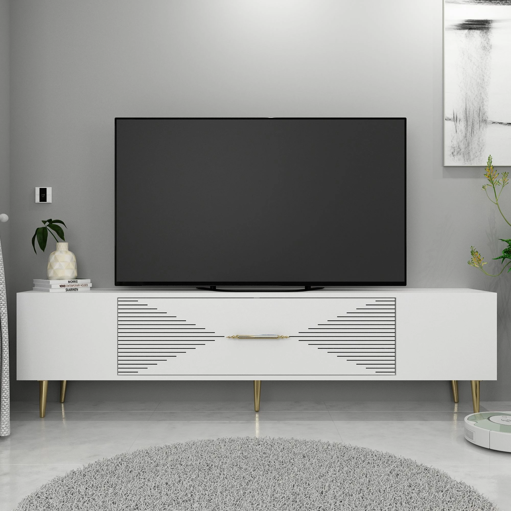 Komodë TV Skye Decor, Dekol1, e bardhë, e artë
