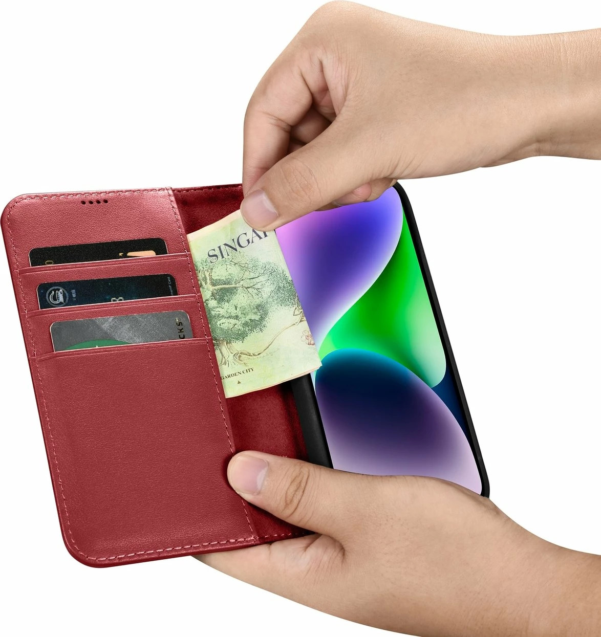 Mbështjellës iCarer Wallet Case 2in1 për iPhone 14 Plus, lëkurë natyrale, Anti-RFID, Kuq