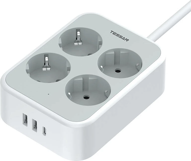 Prizë elektrike Tessan TS-PS01DE00, 4 dalje AC, 3 porta USB, 2m, Bardhë