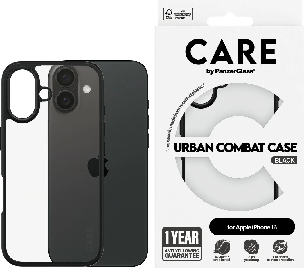 Mbështjellës PanzerGlass CARE Case Flagship Urban Combat për iPhone 16, transparent