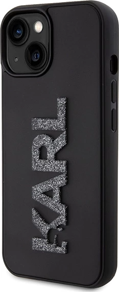 Mbështjellës Karl Lagerfeld 3D Rubber Glitter Logo për iPhone 15, i zi