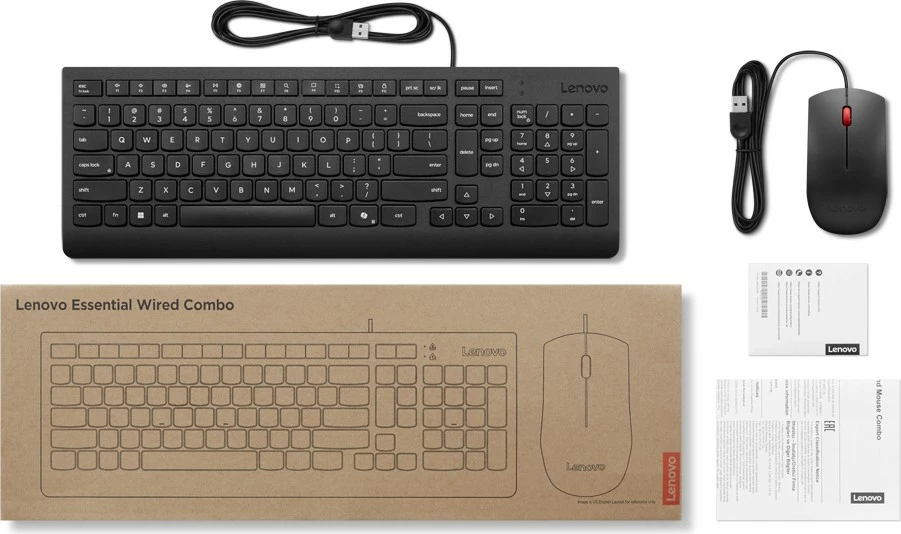 Komplet tastierë dhe maus Lenovo Essential Wired Combo 4X31R64400, USB me kabllo 1.8 m, QWERTY English (US), 1600 DPI, e zezë, komplet