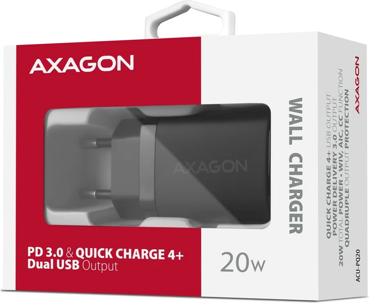 Karikues muri AXAGON ACU-PQ20, 20W, 2 porta (USB-C PD + USB-A QC), i zi