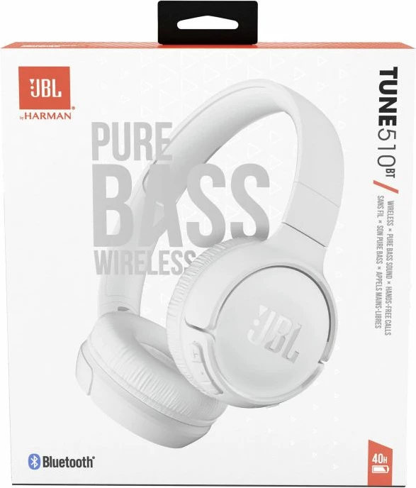 Kufje wireless JBL Tune 510BT Bluetooth 5.0, Pure Bass, deri 40 orë bateri, të palosshme, të bardha