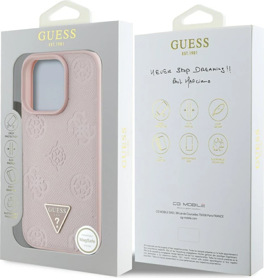 Mbështjellës Guess Grained Hot Stamp Peony Triangle Logo MagSafe për iPhone 16 Pro, Rozë