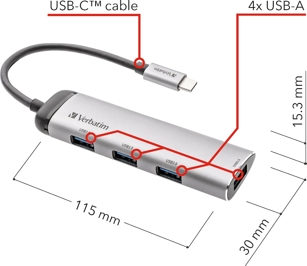 USB-C HUB Verbatim Multiport 4x USB-A USB 3.2 Gen 1, 0.15 m, gri