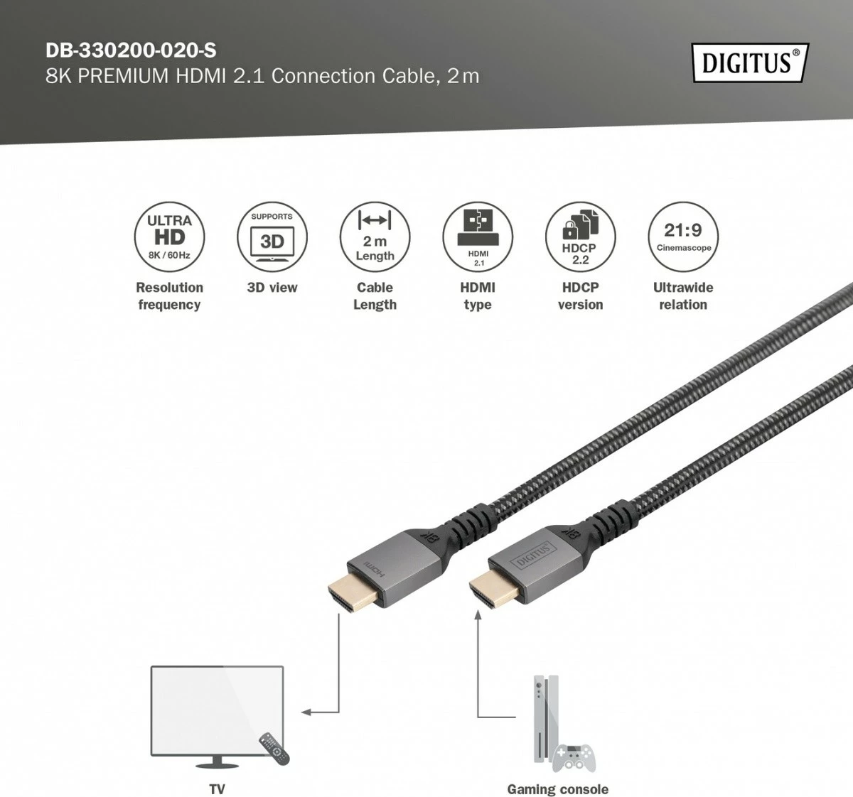 Kabllo HDMI Digitus DB-330200-020-S Ultra High Speed 2m, 8K, E zezë/Gri