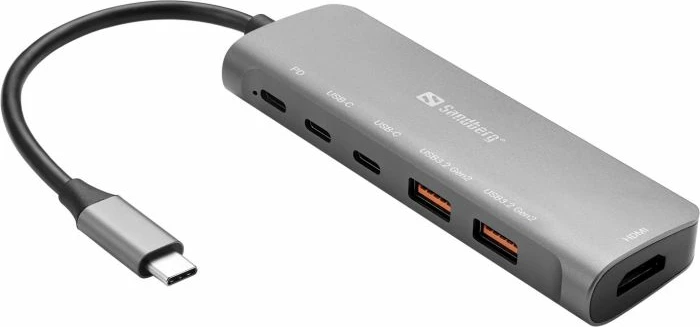 Stacion dokimi USB-C SANDBERG 136-65, HDMI, 2x USB-A, 2x USB-C, PD 100W, 4K/60Hz, argjend