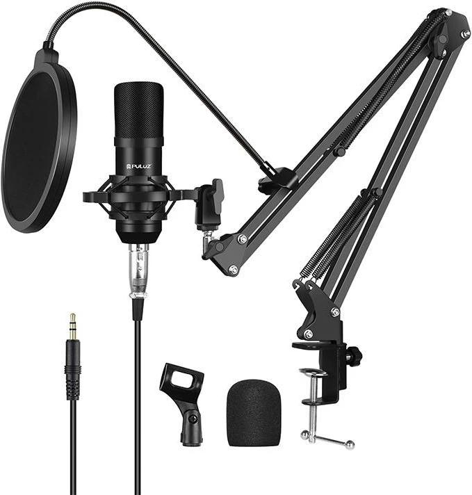Mikrofon kondensator Puluz PU612B për studio, me filtër POP, i zi, set me aksesorë