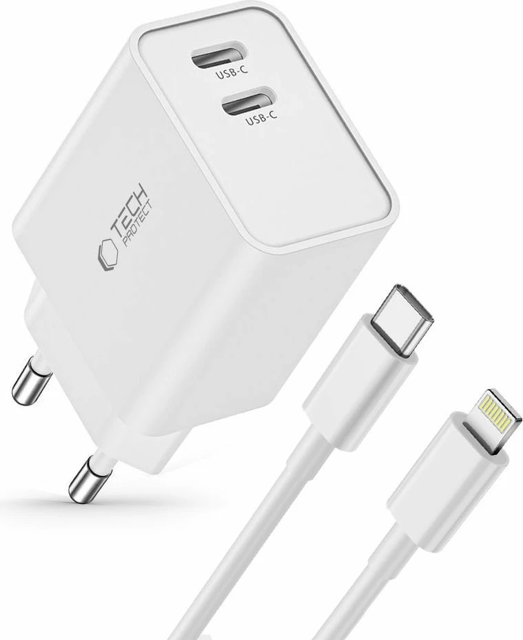 Karikues muri Tech-Protect C35W me 2 porta USB-C PD 35W dhe kabllo USB-C në Lightning, Bardhë