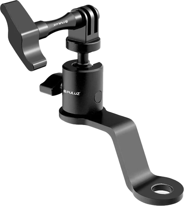 Mbajtëse kamerë për pasqyrë motoçiklete, PULUZ, PU1056B, alumin ajror, rrotullim 360° dhe pjerrësi -90°~+30°, kapacitet 2 kg, e zezë