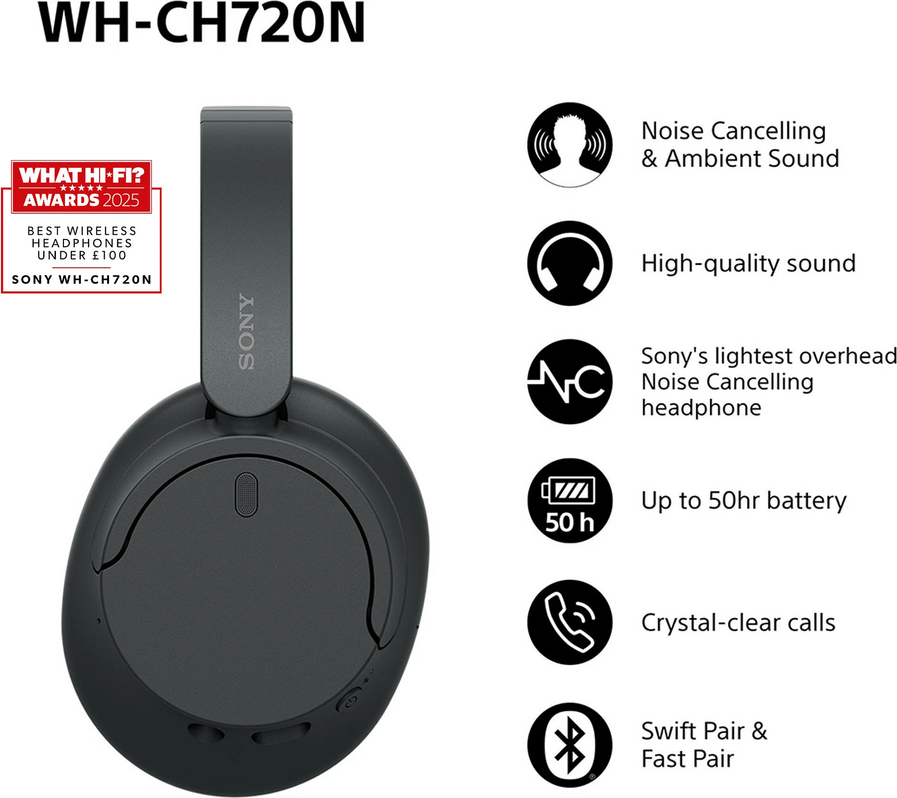 Kufje Sony WH-CH720N, wireless & me kabllo, Noise Cancelling, 35h bateri, e zezë