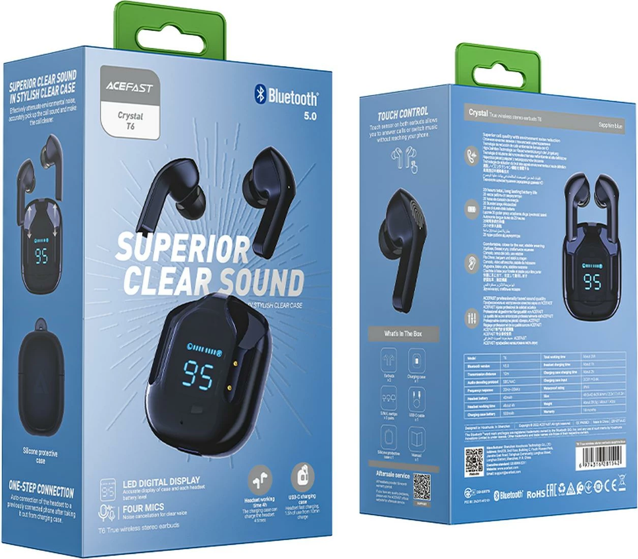 Kufje Acefast T6 TWS wireless, Bluetooth, me ekran LED, Blu
