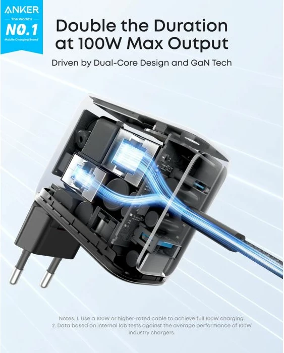 Karikues muri ANKER B121BG41 100W GaN Smart Display, 3 porta (2x USB-C + 1x USB-A), argjendtë