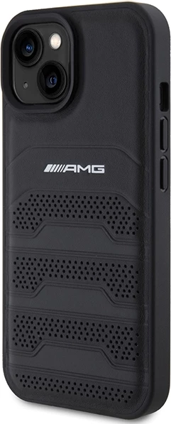 Mbështjellës Mercedes AMG Leather Debossed Lines për iPhone 15 Plus, i zi