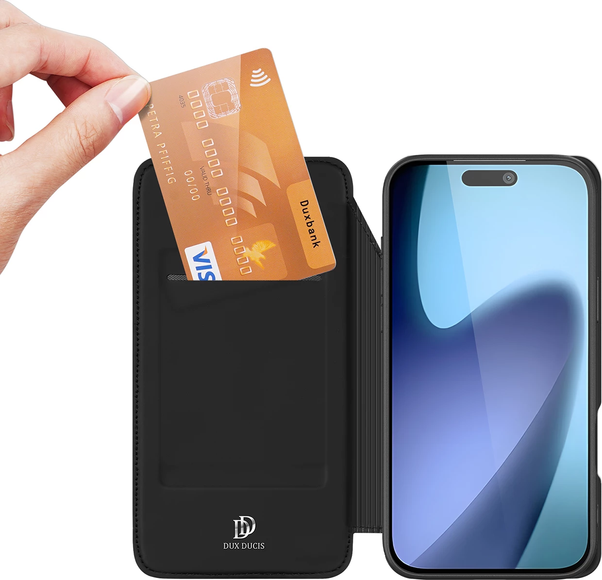 Mbështjellës Dux Ducis Skin Pro për iPhone 17 Air, me flip dhe xhep për kartela, i zi