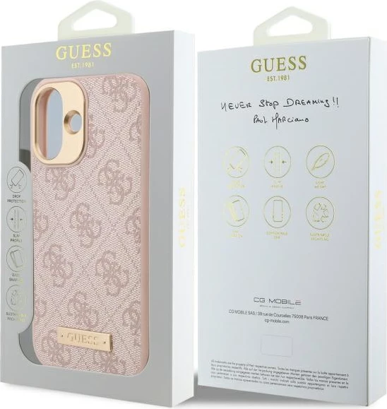 Mbështjellës Guess 4G Logo Plate MagSafe për iPhone 16 Plus, Rozë
