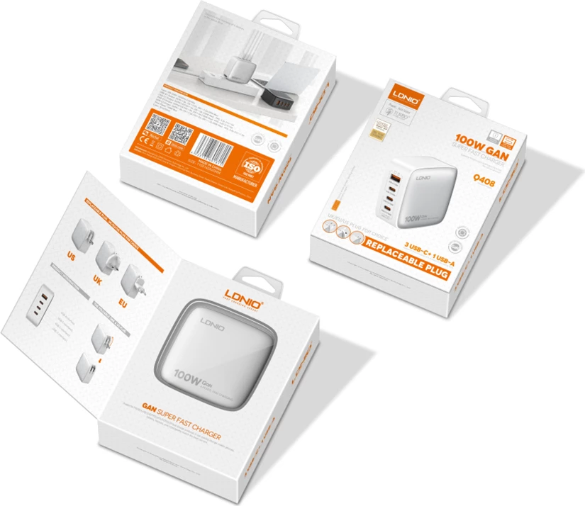 Karikues GaN LDNIO Q408 100W, 4 porte (1x USB-A + 3x USB-C), prizë universale, i bardhë