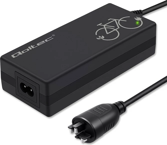 Karikues baterie për biçikletë elektrike, Qoltec, 52613, 42V 2A 84W (për bateri 36V Li-ion), Bosch 3-pin, i zi, me kabllo