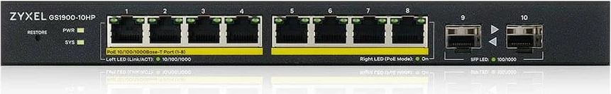 Switch Zyxel GS1900-10HP, Managed, L2, Gigabit Ethernet, PoE, Wall mountable