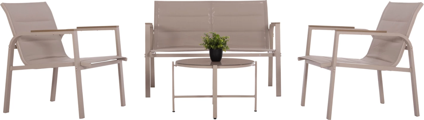Set lounge për jashtë, 4 pjesë, Juliette, alumin, tekstilene, xham i temperuar, kapuçino, FH6280.04
