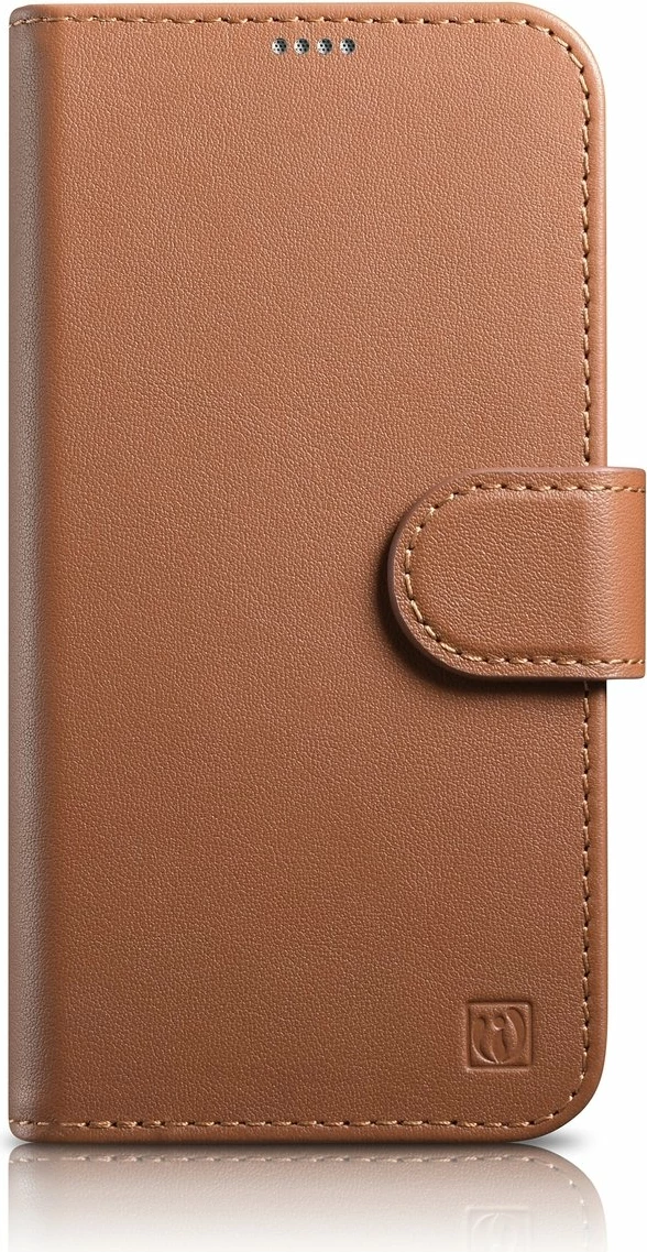 Mbështjellës iCarer Wallet 2in1 për iPhone 14 Plus, lëkurë natyrale, Anti-RFID, Kafe