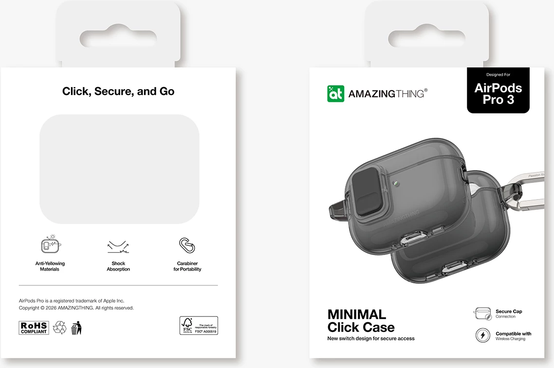 Mbështjellës për kufje, AmazingThing, Minimal Case për AirPods Pro 3, me karabinë, TPU, i zi