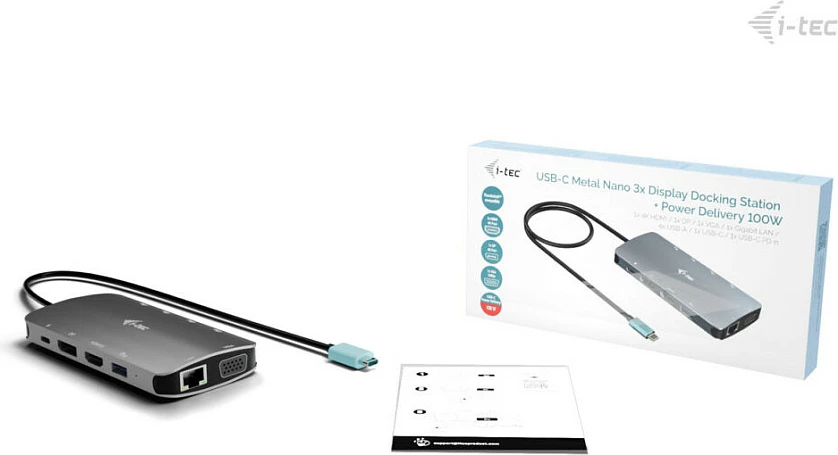 Docking station I-Tec USB-C Metal Nano, 3x monitor (DP/HDMI/VGA), 100W PD, argjendtë