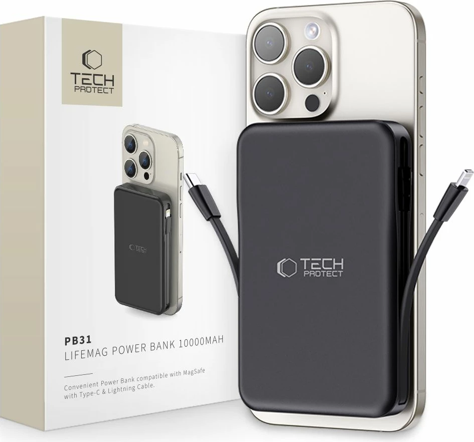 Power bank Tech-Protect LifeMag PB31, 10000mAh, MagSafe, USB-C/USB-A, kabllo të integruara, e zezë