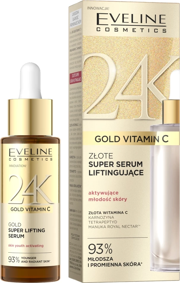 Serum për fytyrë Eveline Cosmetics 24K Gold Vitamin C Gold Super Serum Lifting për femra 30ml