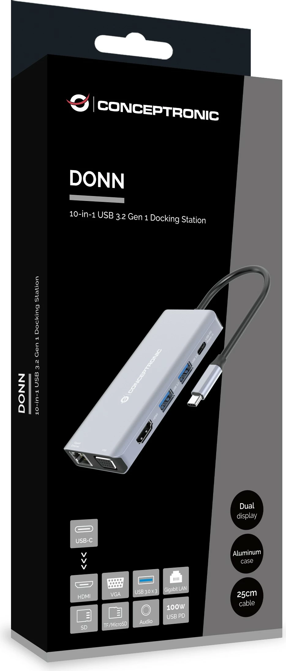 Docking station Conceptronic 10-1, USB-C në HDMI/USB-A/VGA/AUX, 25cm, gri