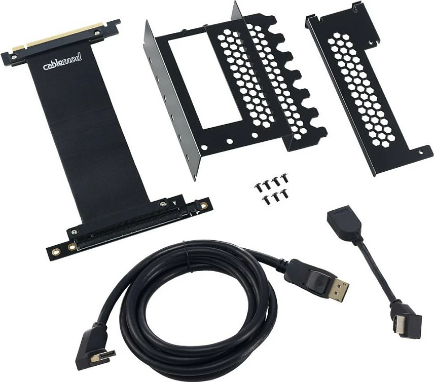 Mbajtëse vertikale për kartelë grafike CableMod, PCIe x16 Riser, DisplayPort + HDMI, e zezë