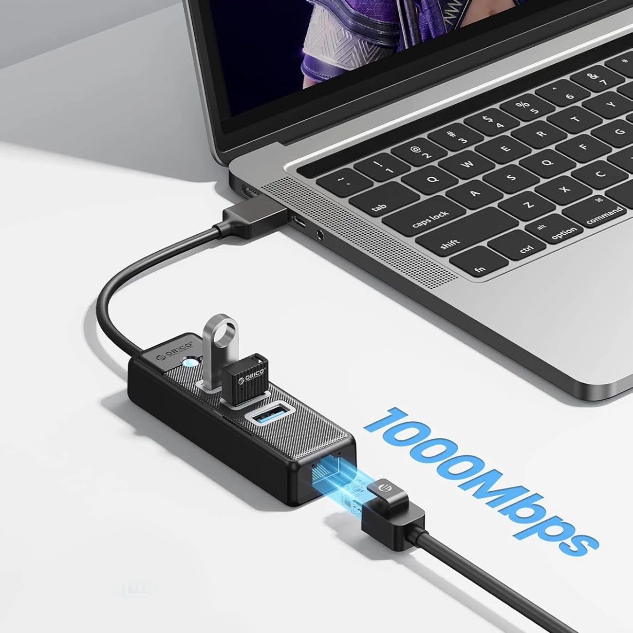 Hub USB Orico PW3UR25-U3 4-port (3x USB-A 3.0, 1x RJ45 2.5G), kabllo 0.15 m, i zi