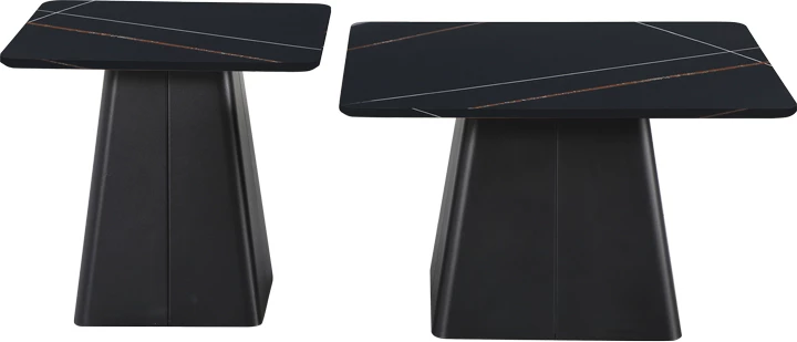 Set tavolina për sallon, metal dhe gur sintetik, ngjyrë mermeri i zi, 2 copë