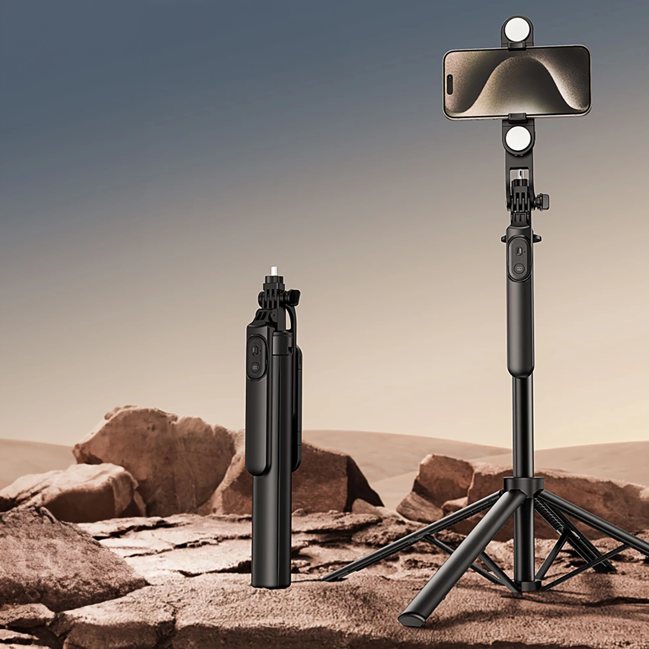 Selfie stick/tripod Wozinsky WH181D-Y1S, 1.75m, me dy llampa LED, mbajtëse telefoni, e zezë