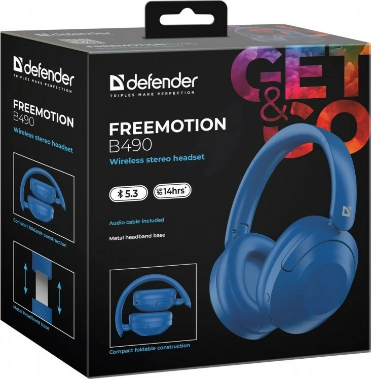 Kufje pa tela over-ear, Defender FreeMotion B490, Bluetooth 5.3, 14 orë bateri, mikrofon, USB-C/AUX, blu