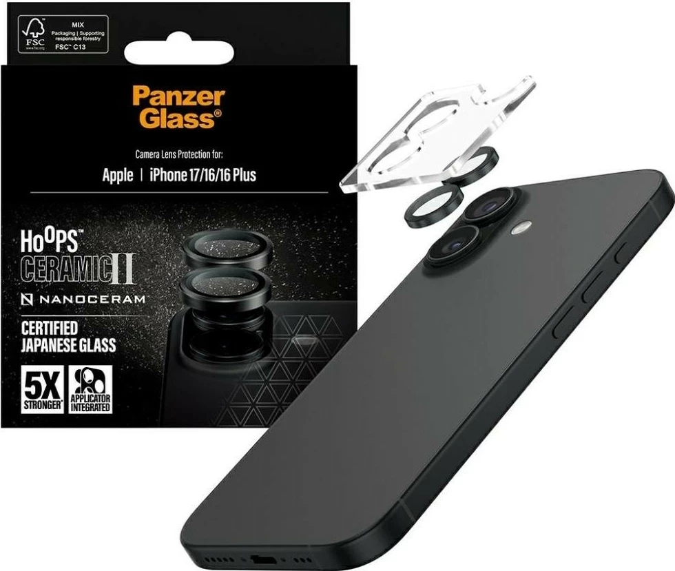 Mbështjellës xhami për kamerë PanzerGlass Hoops Ceramic II, iPhone 17/16/16 Plus, zi