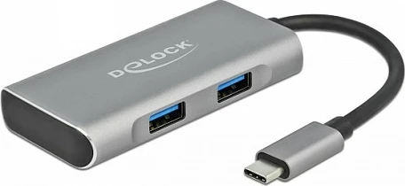 Hub USB-C DeLOCK, 4 porta (3x USB-A + 1x USB-C), USB 3.2 Gen 2 10Gbps, kabllo 0.12m, alumini, zi/gri