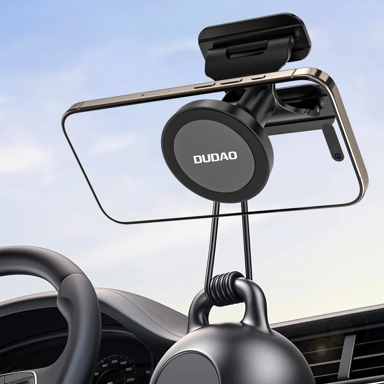 Mbajtës makine magnetik për celular, Dudao F25, MagSafe, rrotullim 360°, për pult ose xham, i zi